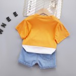 Σετ κοντό παντελονάκι τζιν - κοντομάνικη μπλούζα με σχέδιο δεινόσαυρο, πορτοκαλί - λευκό